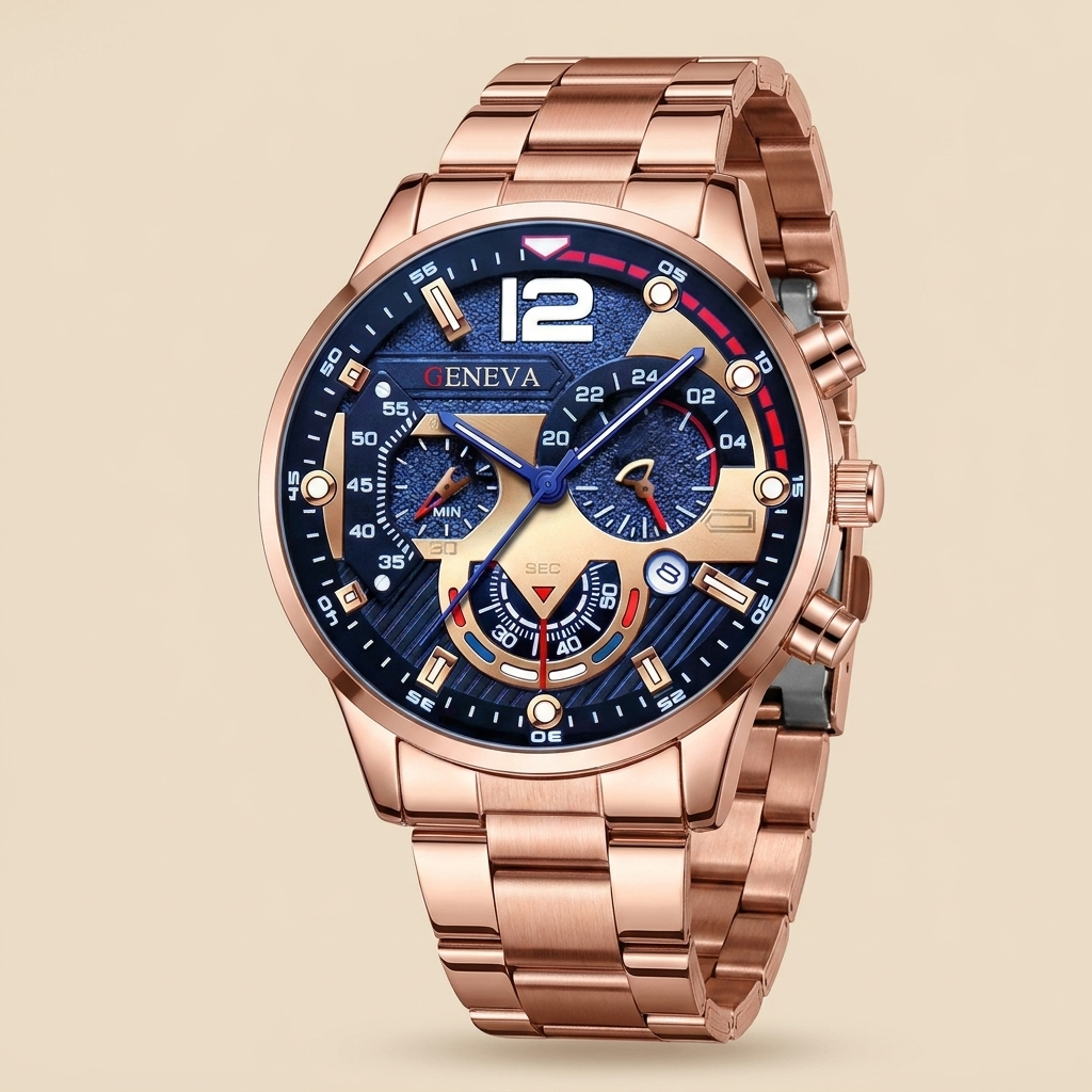 Rose gold alloy round quartz wristwatch shown front view with slim profile 40mm case and standard glass crystal