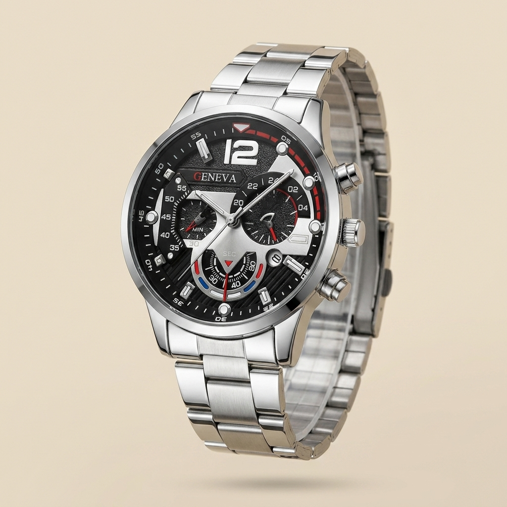 Rose gold alloy round quartz wristwatch at three-quarter angle showing luminous hands and screw crown detail