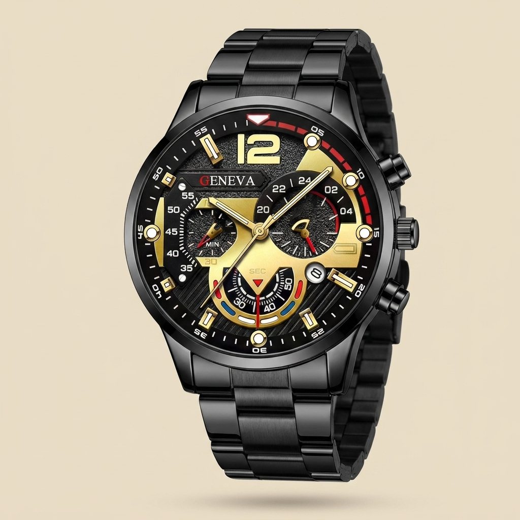 Top-down view of rose gold alloy round quartz wristwatch showing hands plus digital display and calendar function