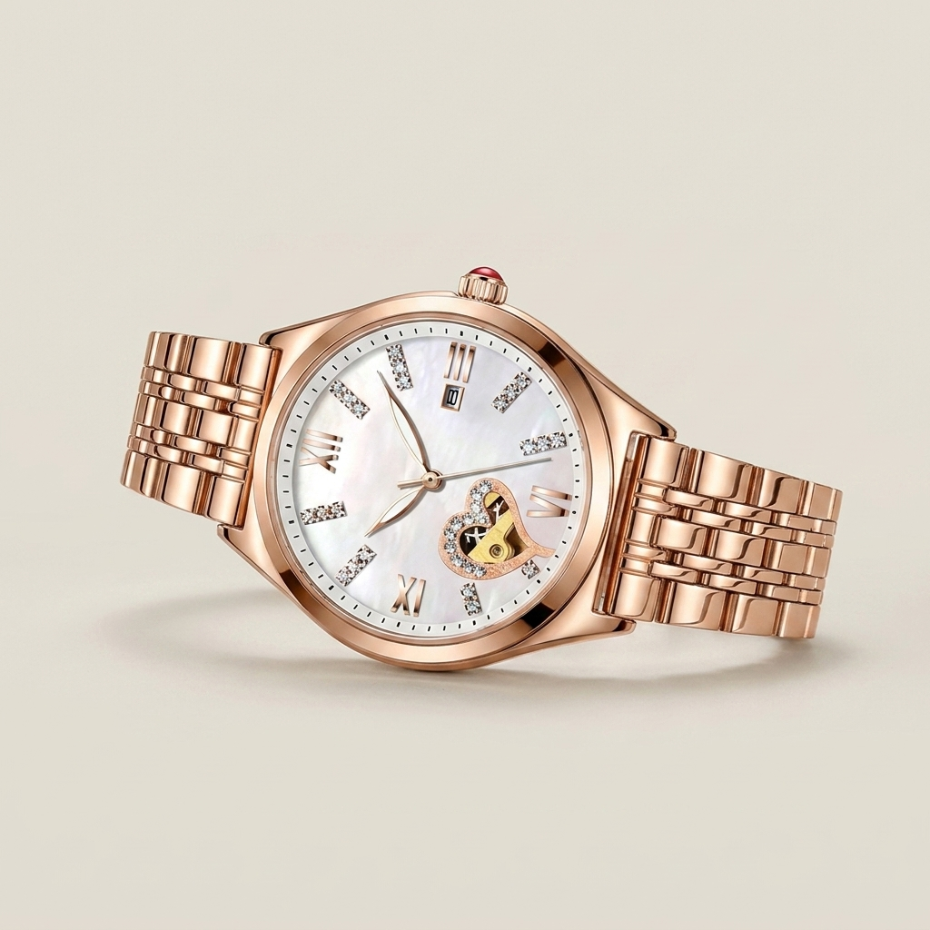 Rose gold watch in ambient room lit by warm light showing wine red leather strap and date window visible