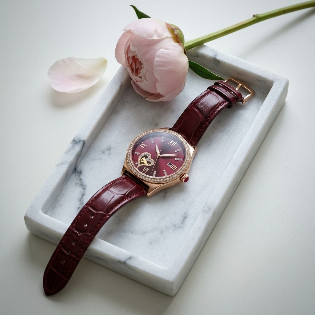 Front view of rose gold women’s watch lit with warm glow featuring heart-shaped dial and visible date window