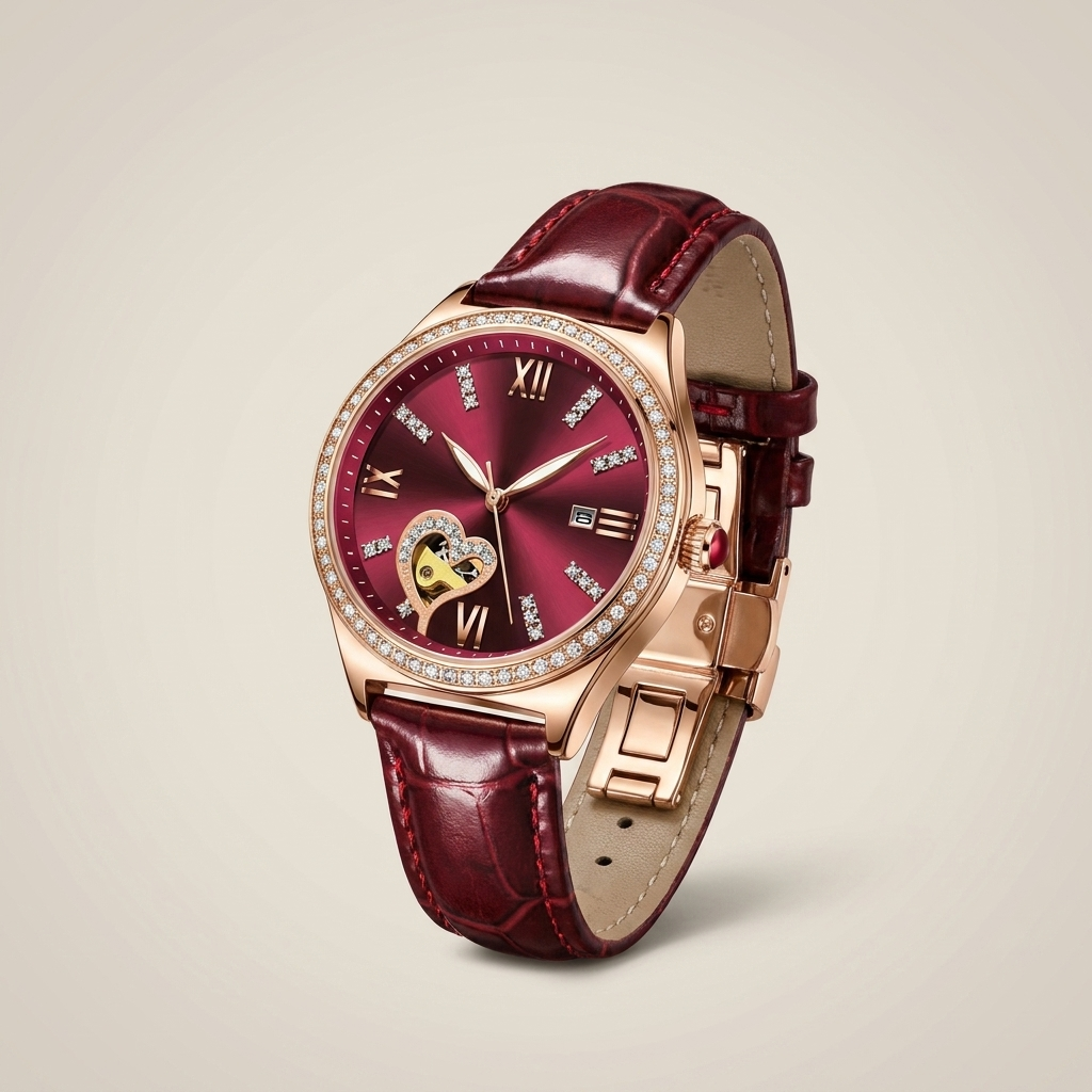 Rose gold round heart-shaped quartz women’s watch front view with rose gold case, wine red leather strap, and date window