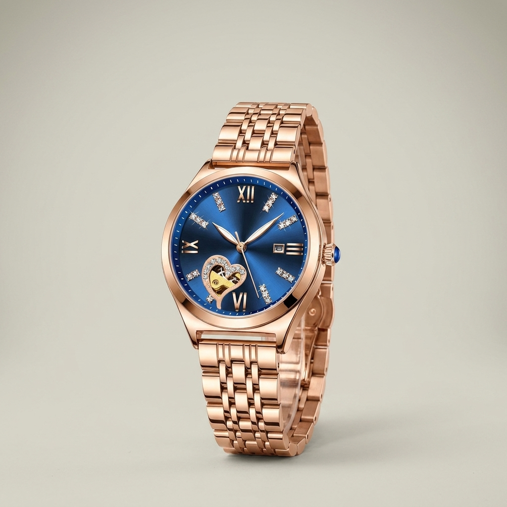 Side profile lit by warm light of rose gold watch showing screw-down crown and wine red leather strap