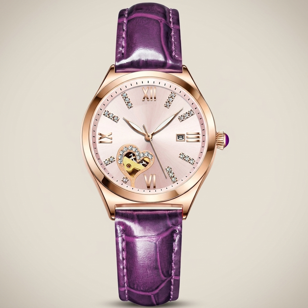 Side profile of rose gold women’s watch with wine red leather strap highlighting screw-down crown and mineral glass crystal