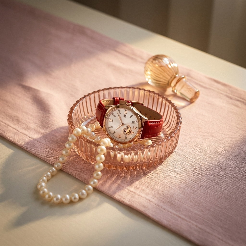 Rose gold heart-shaped quartz watch at three-quarter angle with wine red leather strap on marble vanity lifestyle scene