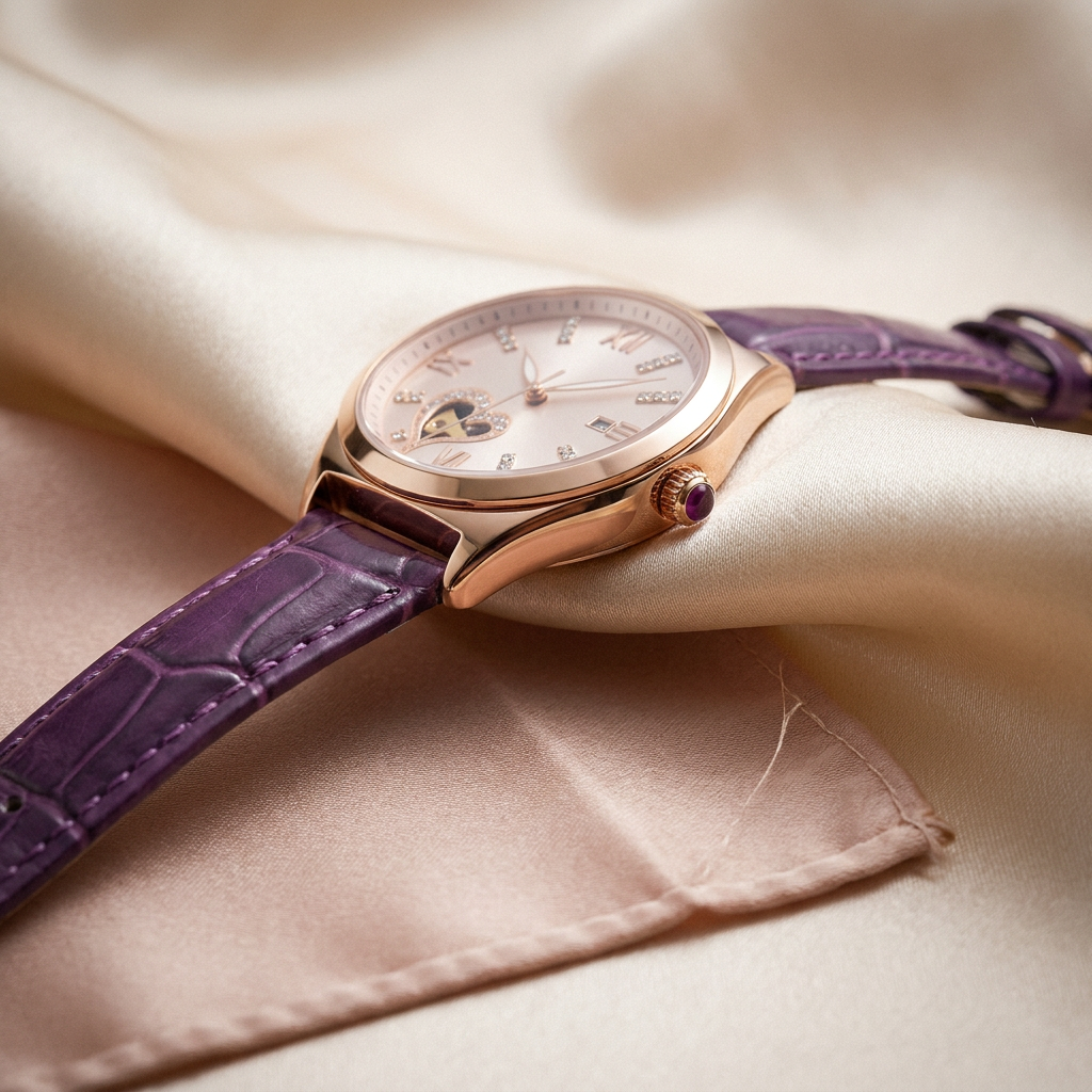 Three-quarter angle of rose gold watch with wine red leather strap beside fluted glass ring in lifestyle setting