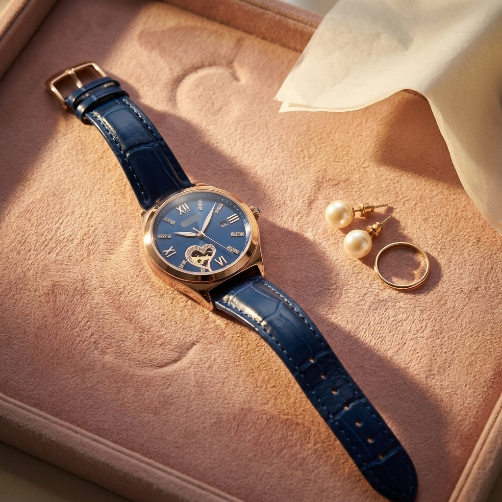 Rose gold watch with wine red leather strap at three-quarter angle near folded silk scarf in lifestyle scene