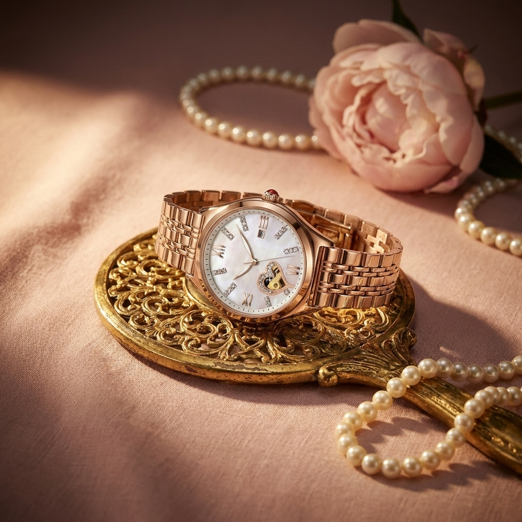 Rose gold watch with wine red leather strap at three-quarter angle on mother of pearl tray in lifestyle setting