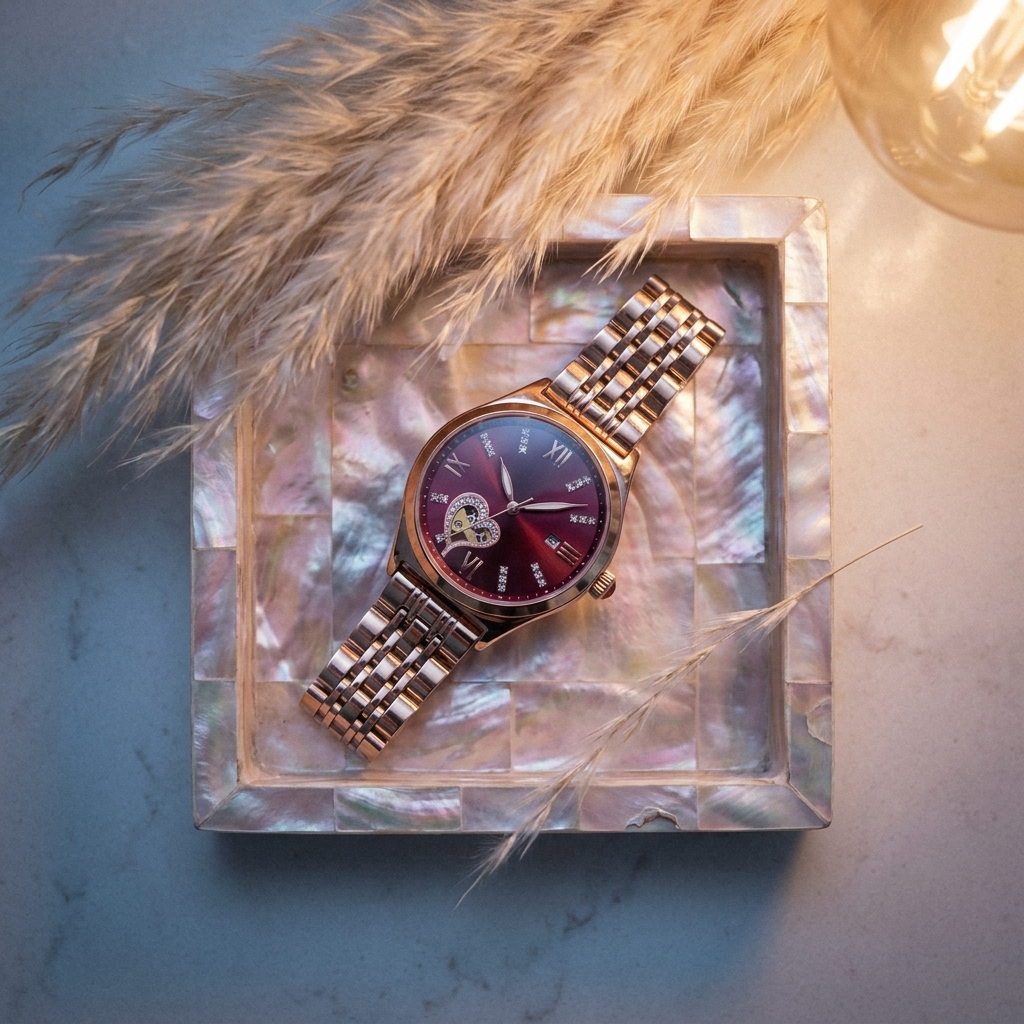 Three-quarter angle of rose gold watch with wine red leather strap on velvet jewellery box in lifestyle shot