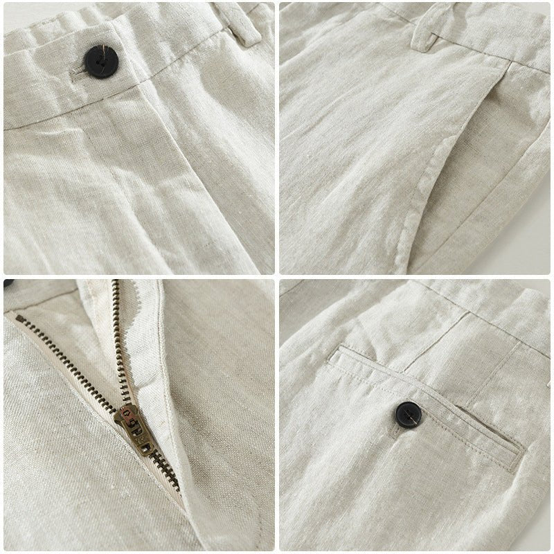 Close-up details Savanna Breeze beige linen pants, showing lightweave fabric texture, waistband button, zipper fly, back pocket button closure, highlighting tailored fit craftsmanship.