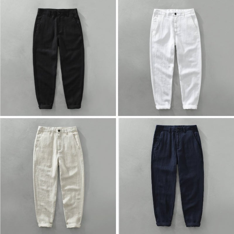 Four pairs Savanna Breeze linen pants lightweave fabric, tailored fit, displayed laid flat black, white, beige, blue colors, showcasing available color variants.