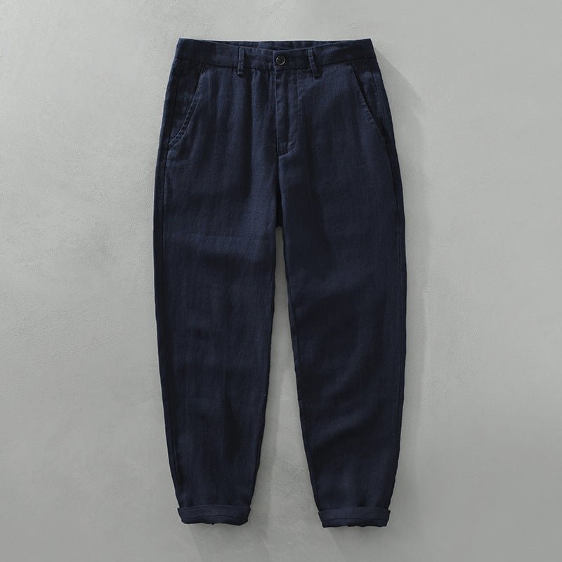Savanna Breeze blue linen pants in lightweave fabric with tailored fit, shown from the front with cuffed hems.