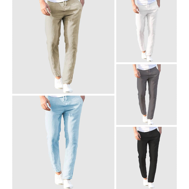 Collage showing men's Seaside Retreat relaxed fit linen pants in all five available colors: beige, white, gray, blue, and black. Highlights the versatile color options for comfortable summer fashion.