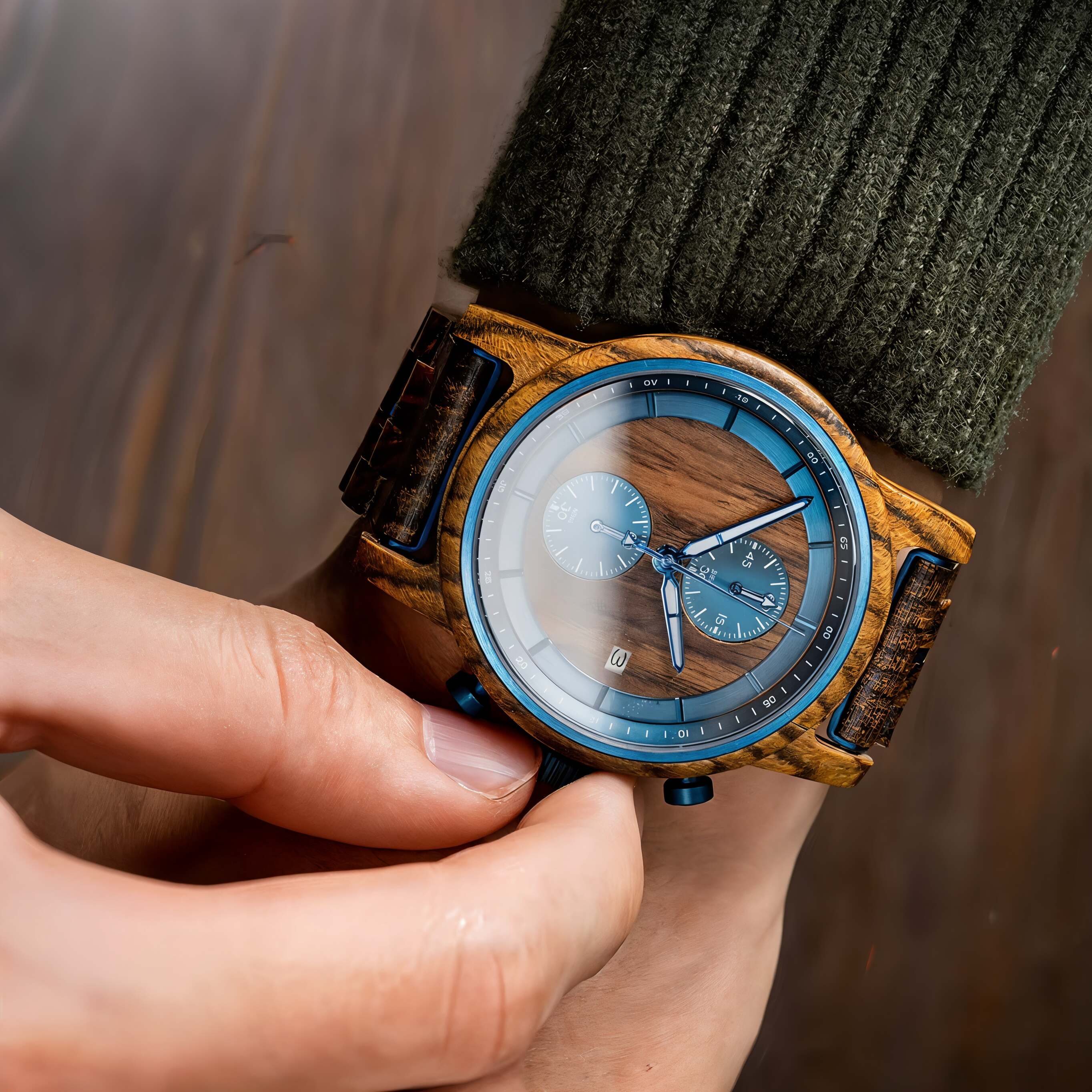 Serpentis men's watch in steel with blue dial, worn on a man's wrist with a green sweater, showcasing the wooden watch design.