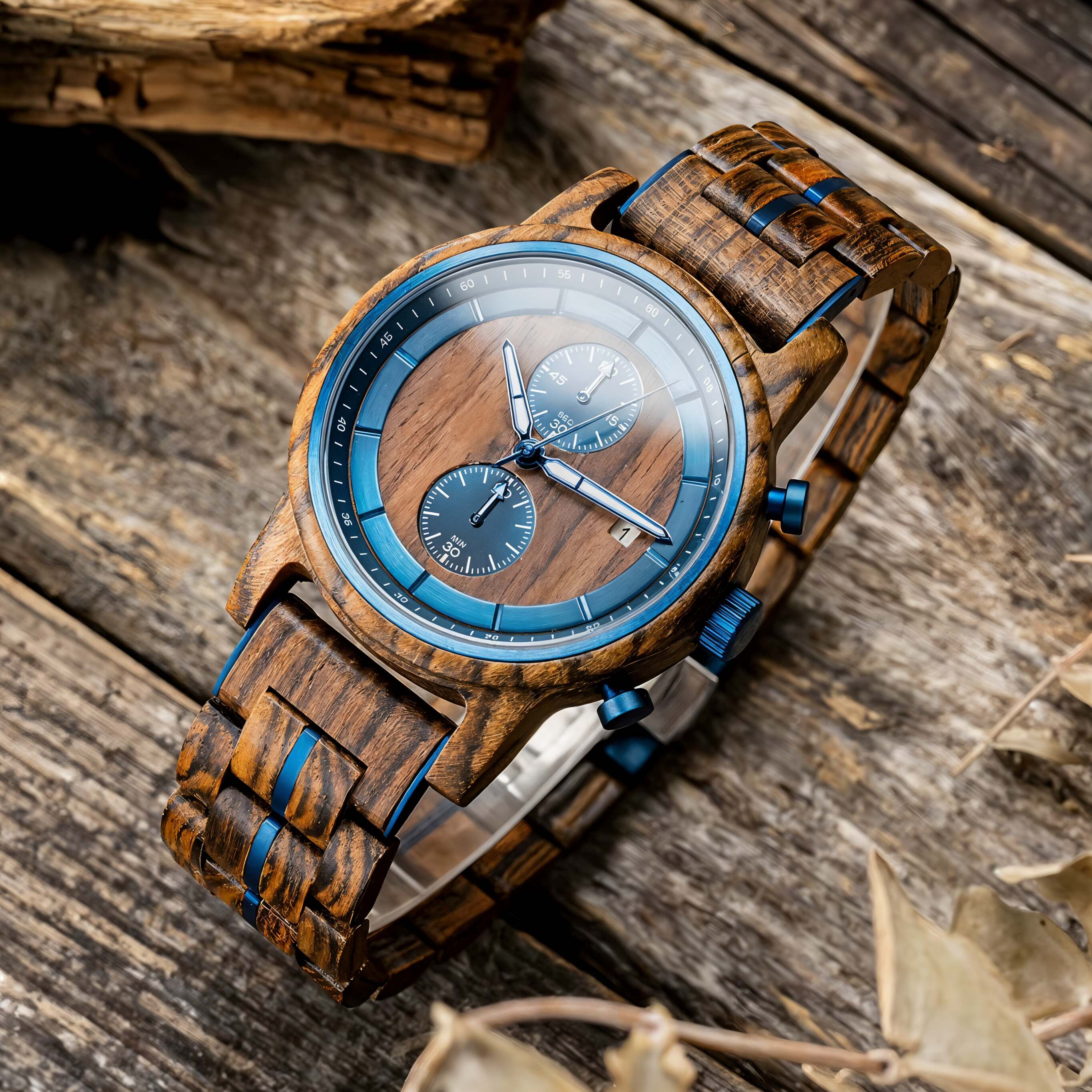 Serpentis men's watch in steel with blue dial, displayed on a rustic wooden surface, highlighting the watch's wooden strap and blue accents.