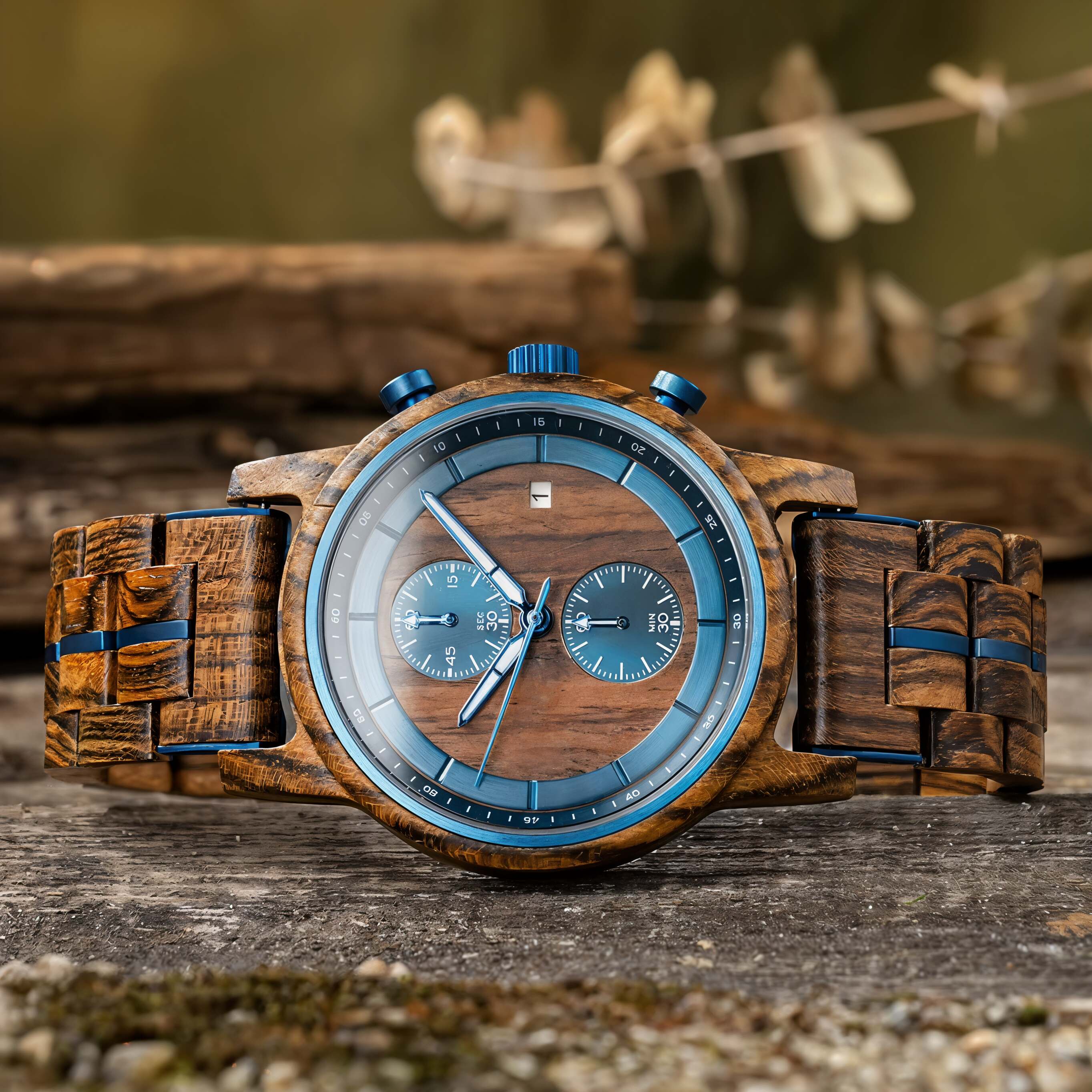 Full front view of the Serpentis men's watch, showcasing its blue dial and unique wooden strap, presented on a natural wooden surface.