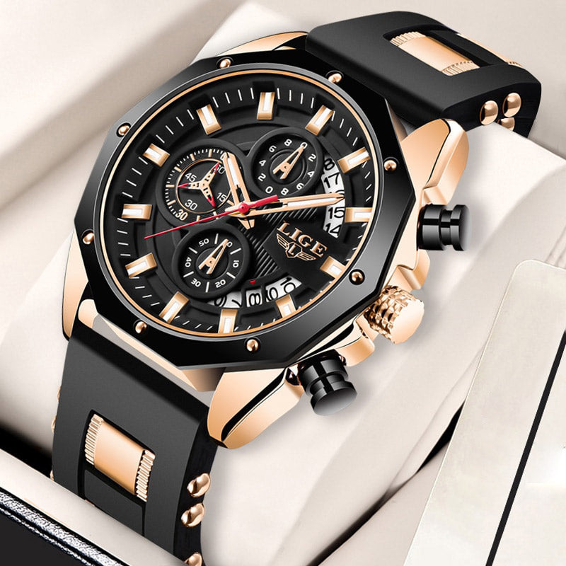 Skyline Aviator men's quartz watch with analog display and luminous hands, featuring a black dial, gold-tone case, and black silicone strap with gold accents, presented in a white watch box.