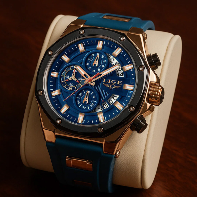 Skyline Aviator men's quartz watch with analog display and luminous hands, featuring a blue dial, gold-tone case, and blue silicone strap, displayed on a white watch stand against a wooden background.