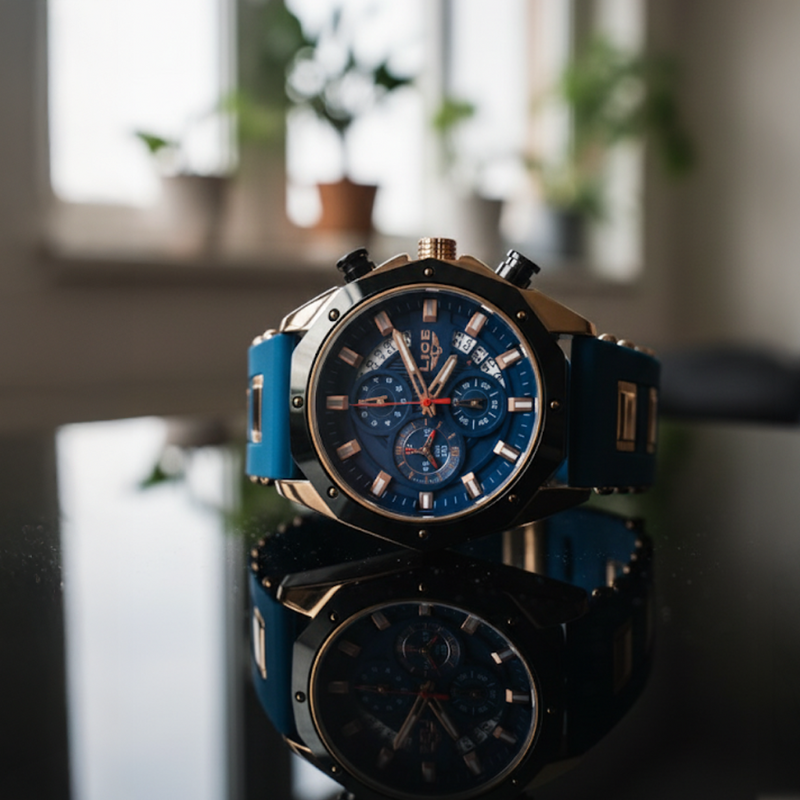 Skyline Aviator men's quartz watch with blue dial, gold case, and blue silicone strap, reflecting on a dark polished surface.