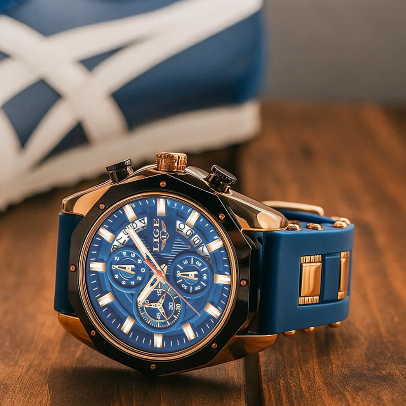 Skyline Aviator men's quartz watch with blue dial, gold case, and blue silicone strap, resting on a wooden surface with a blue shoe in the background.