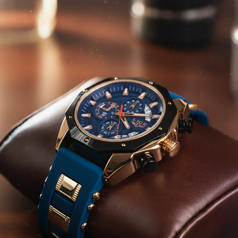 Skyline Aviator men's quartz watch with blue dial, gold case, and blue silicone strap, resting on a brown leather watch pillow.