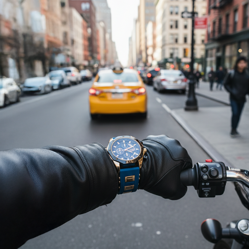 First-person view of a man wearing the Skyline Aviator men's watch with a blue dial and gold case, along with black leather gloves, while riding a motorcycle on a city street with a yellow taxi in the background.