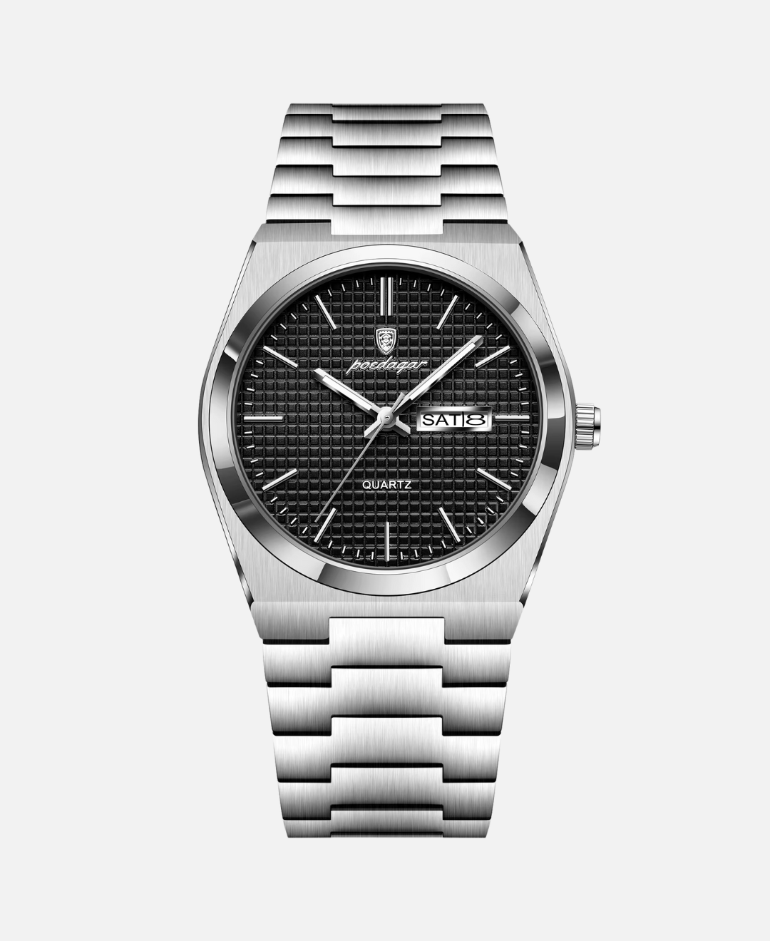 Skyline Sky Pendant Necklace Sterling Silver with Polished Finish, close-up of a silver watch with a black textured dial, silver metal strap, and date display.