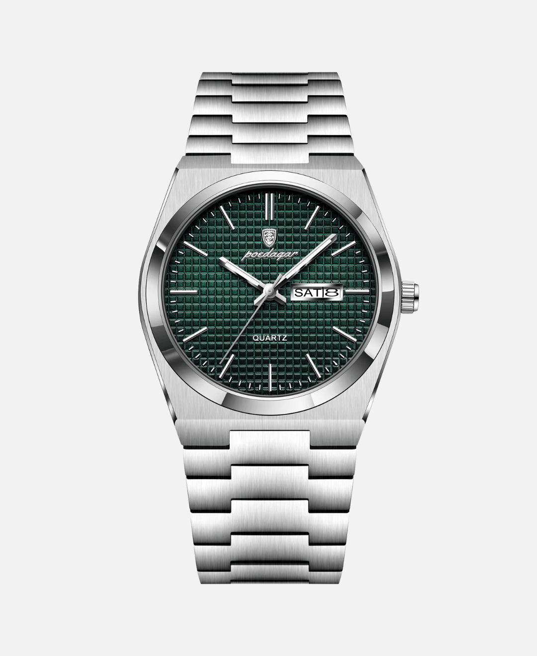 Skyline Sky Pendant Necklace Sterling Silver with Polished Finish, close-up of a silver watch with a dark green textured dial, silver metal strap, and date display.