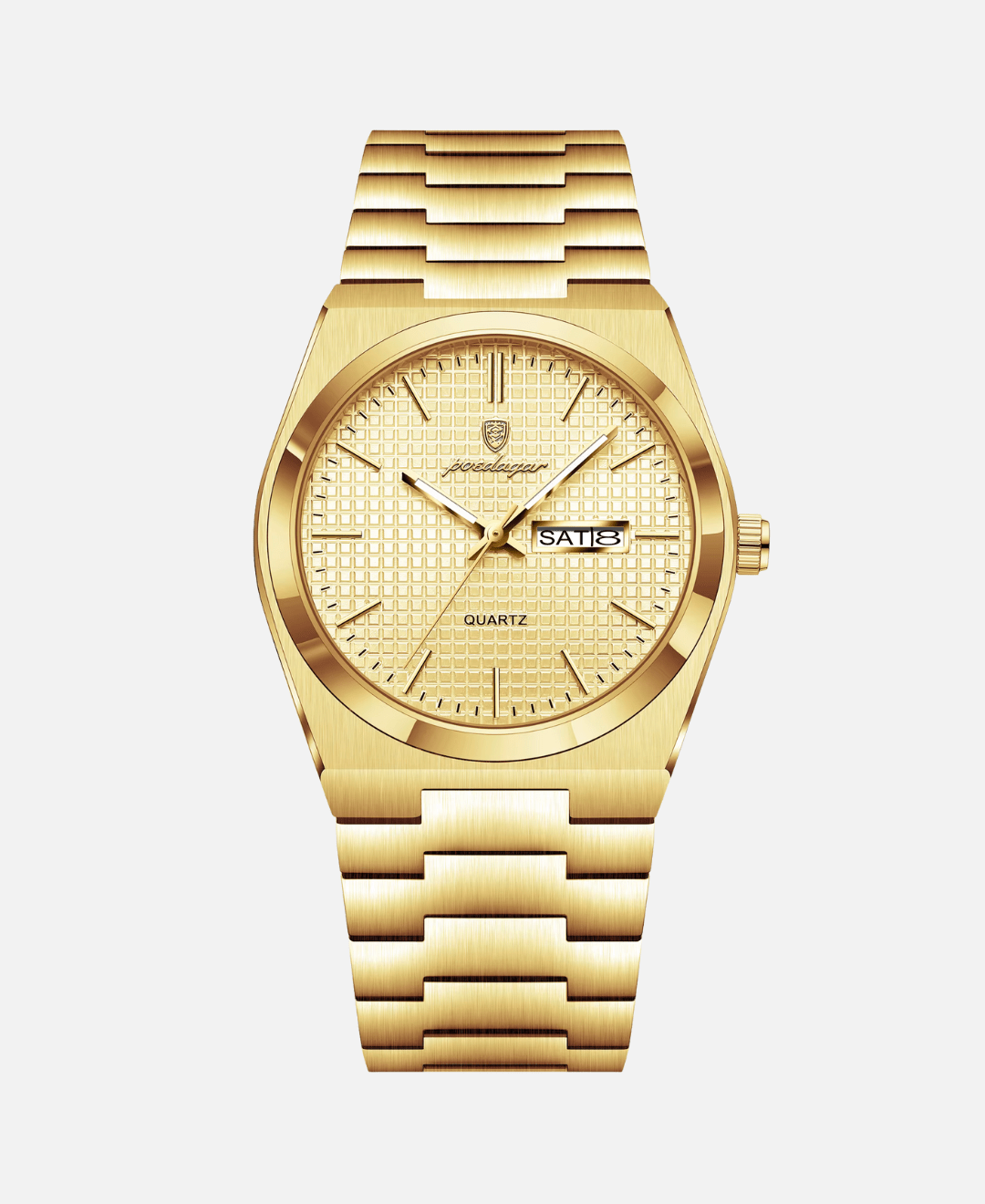 A close-up view of a gold-tone watch with a metal link strap, a textured square-patterned dial, and a date window showing 'SAT 8'. The watch features a prominent brand logo and 'QUARTZ' text on the dial.
