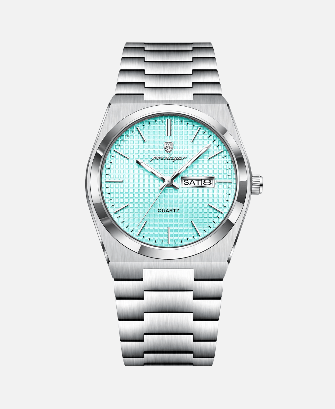 Skyline Sky Pendant Necklace Sterling Silver with Polished Finish, close-up of a silver watch with a light blue textured dial, silver metal strap, and date display.