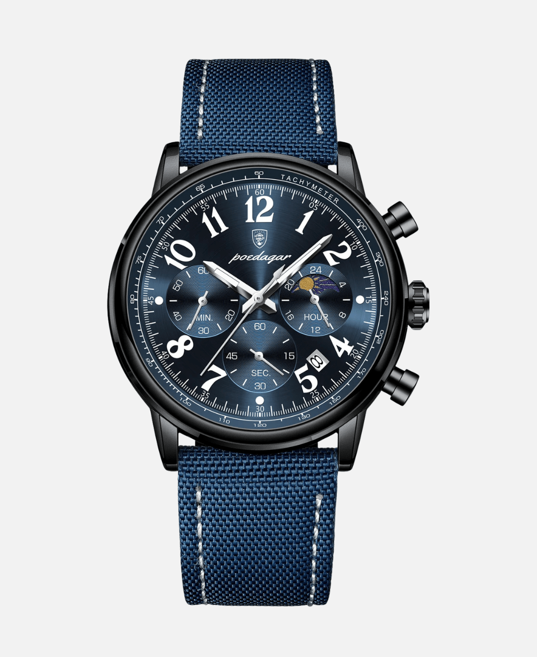 Close-up of a Stellato Luxury Watch with a dark blue dial, black stainless steel case, and a blue fabric strap. The watch features a chronograph, multiple subdials, and a moon phase indicator, highlighting its elegant and complex design.