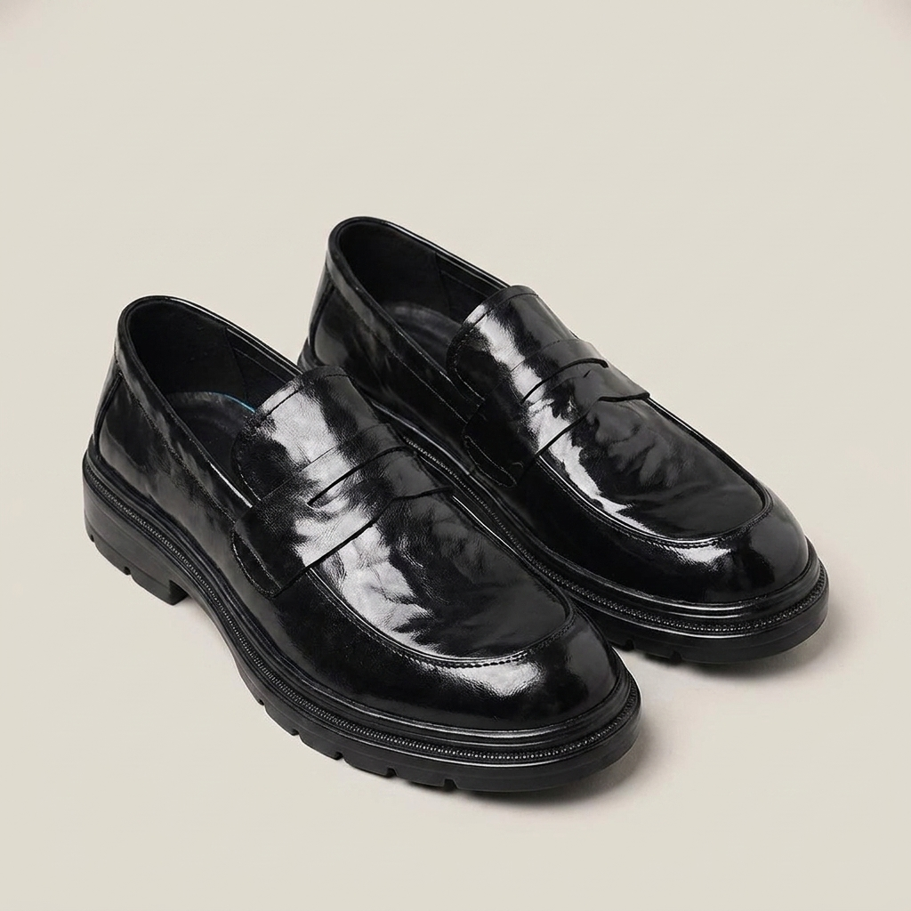 Black second-layer leather slip-on loafer shoes shown front view with round toe and stitching detail