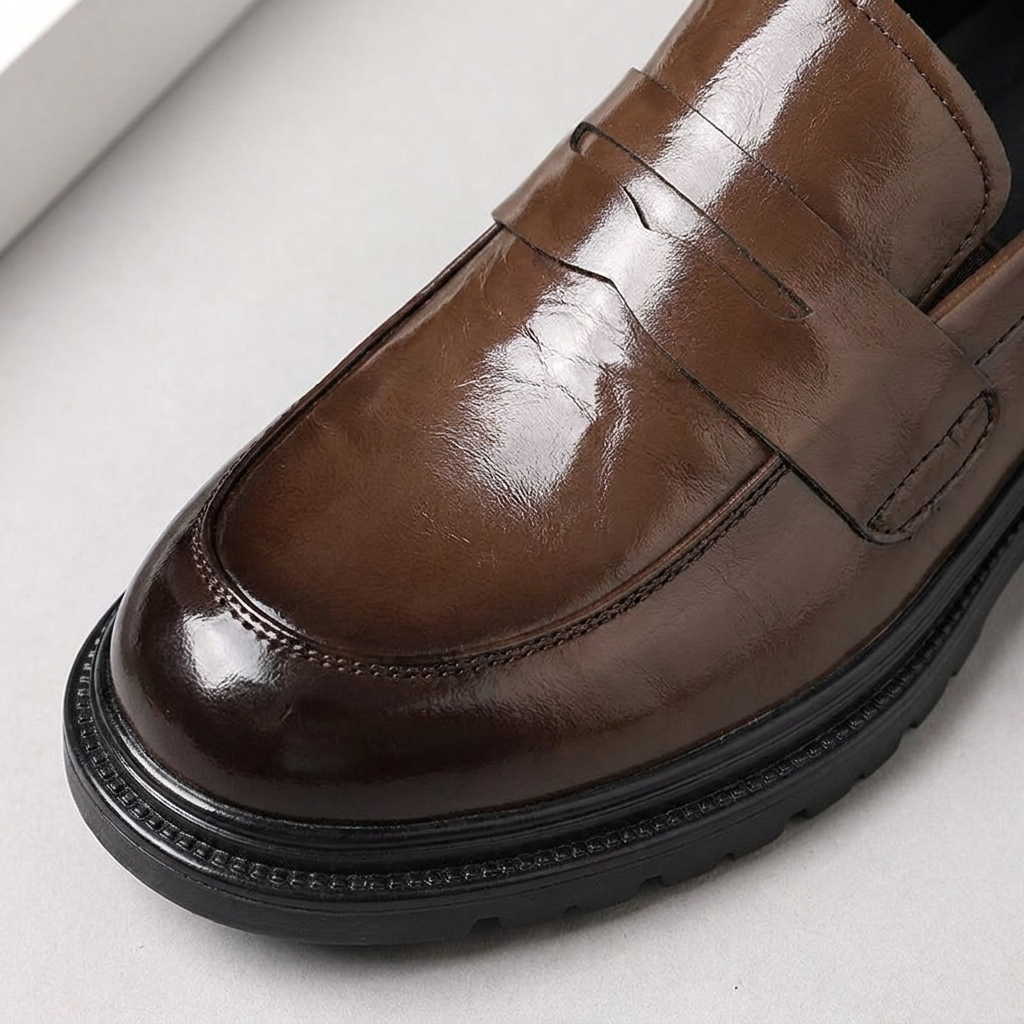 Close-up front detail of brown leather slip-on loafer highlighting stitching and round toe design