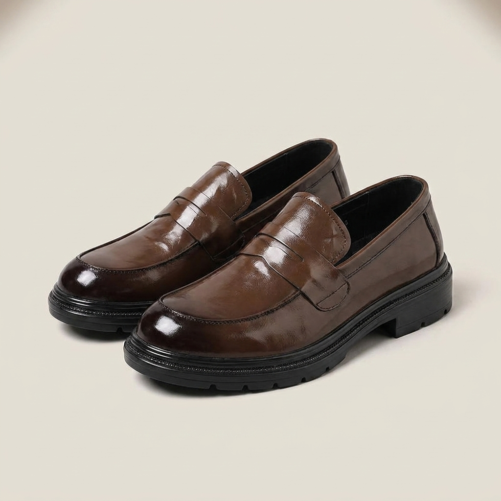 Brown second-layer leather slip-on loafer shoes shown front view with round toe and visible stitching detail