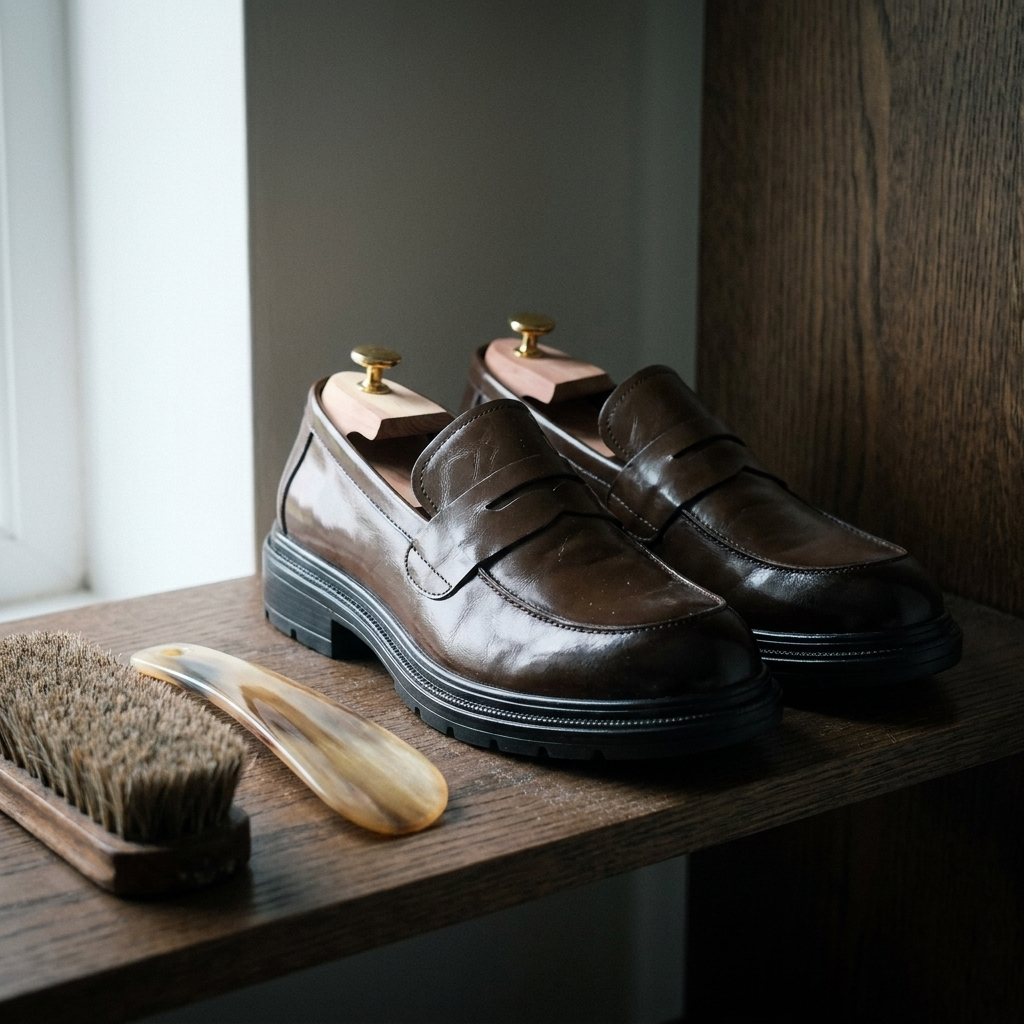 Brown second-layer leather slip-on loafers styled with cedar shoe trees showing round toe and stitching detail