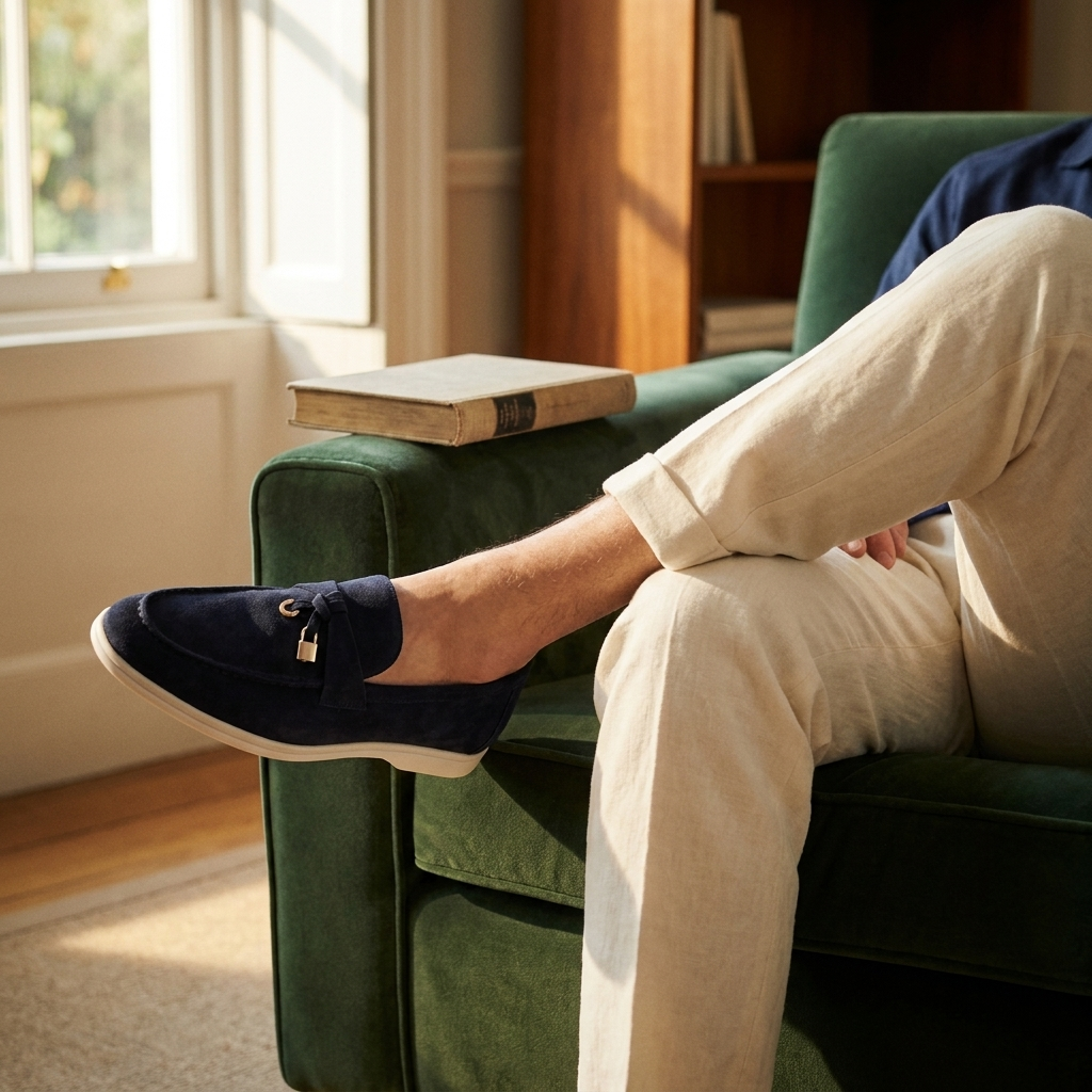Brown leather slip-on loafers worn near club chair highlighting round toe and stitching detail