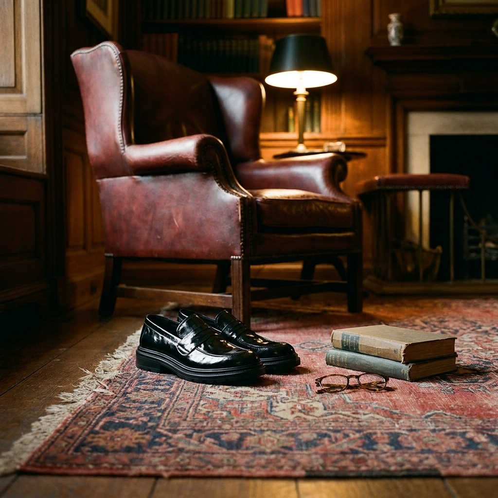 Brown leather slip-on loafers placed on library rug showing low heel and round toe silhouette