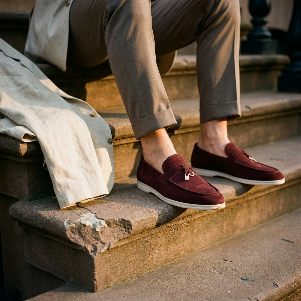 Brown leather slip-on loafers worn on stone stoop showing round toe and low heel silhouette