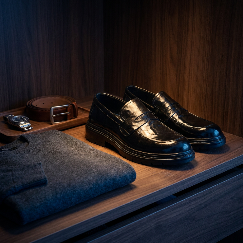 Brown second-layer leather slip-on loafers placed on walnut valet stand showing stitching detail and rubber sole
