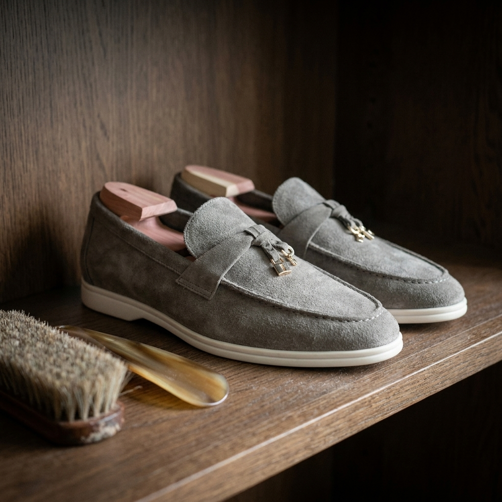 Khaki matte sheepskin suede loafer flat lay with shoe trees showing soft suede finish and round toe