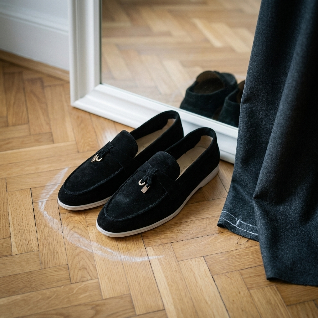 Apricot matte sheepskin suede loafer in lifestyle room view for casual wear showing soft suede texture