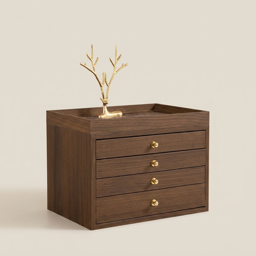 Solid walnut striped four-drawer hard wood jewelry box shown front view with brass knobs and structured striped finish