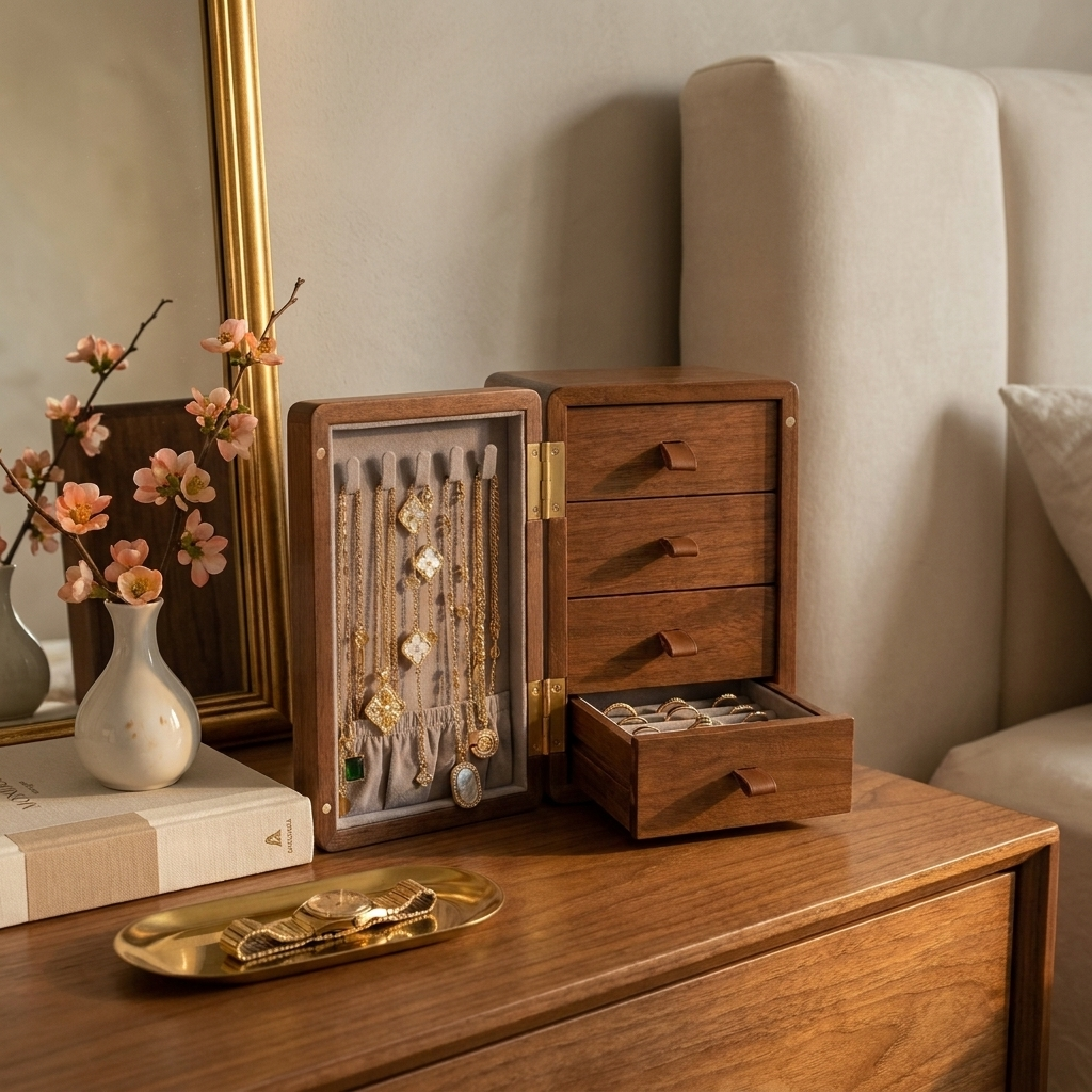 Lifestyle front view of solid walnut minimalist striped jewelry box with lid lifted showing brass knobs and drawer interior