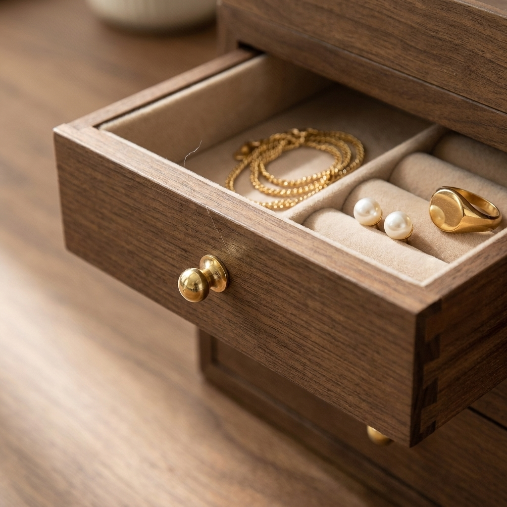 Lifestyle three-quarter view of solid walnut striped jewelry box with gray velvet top on windowsill showing brass knobs