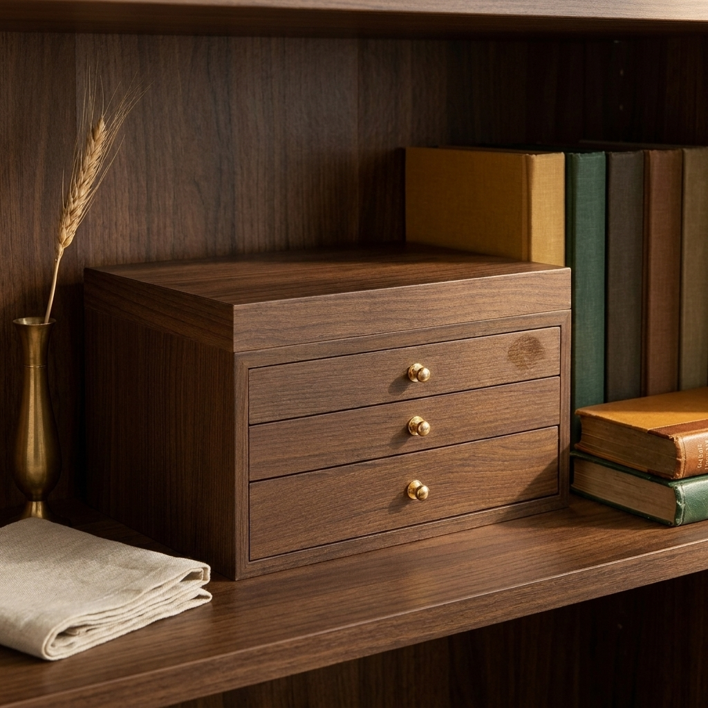 Lifestyle scene showing solid walnut striped four-drawer jewelry box on walnut writing desk tray from top-down angle with brass knobs