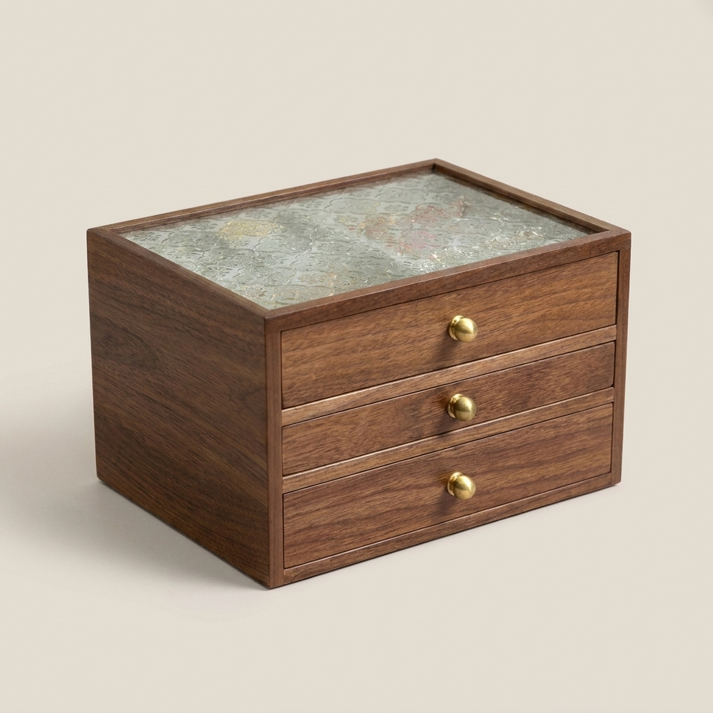 Side profile of solid walnut striped four-drawer jewelry box with brass knobs and compact footprint for tabletop use