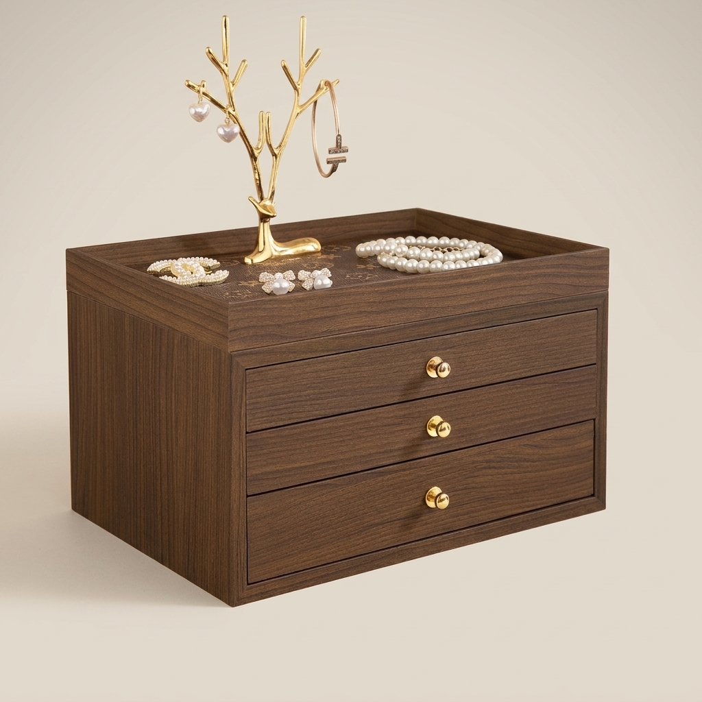 Solid walnut striped four-drawer jewelry box at three-quarter angle showing brass knobs and organized drawer layout