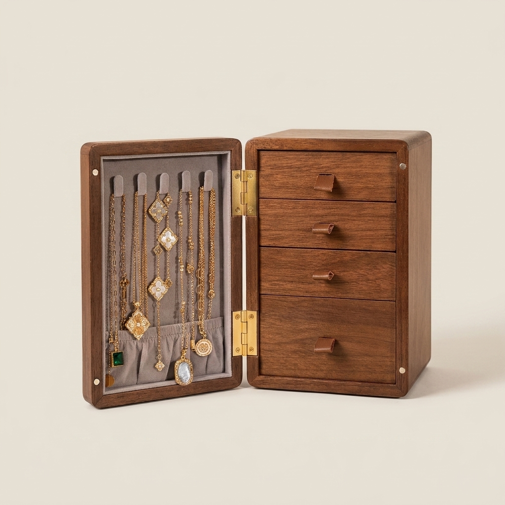 Top-down view of solid walnut striped four-drawer jewelry box showing striped pattern and brass knob hardware