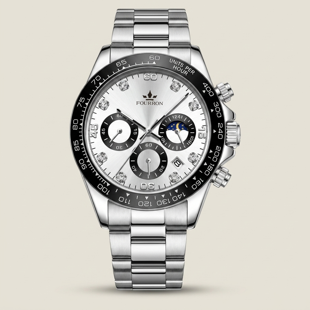 Black steel band stainless steel rectangular quartz calendar analog men’s watch shown front view with analog hands and screw-down crown visible