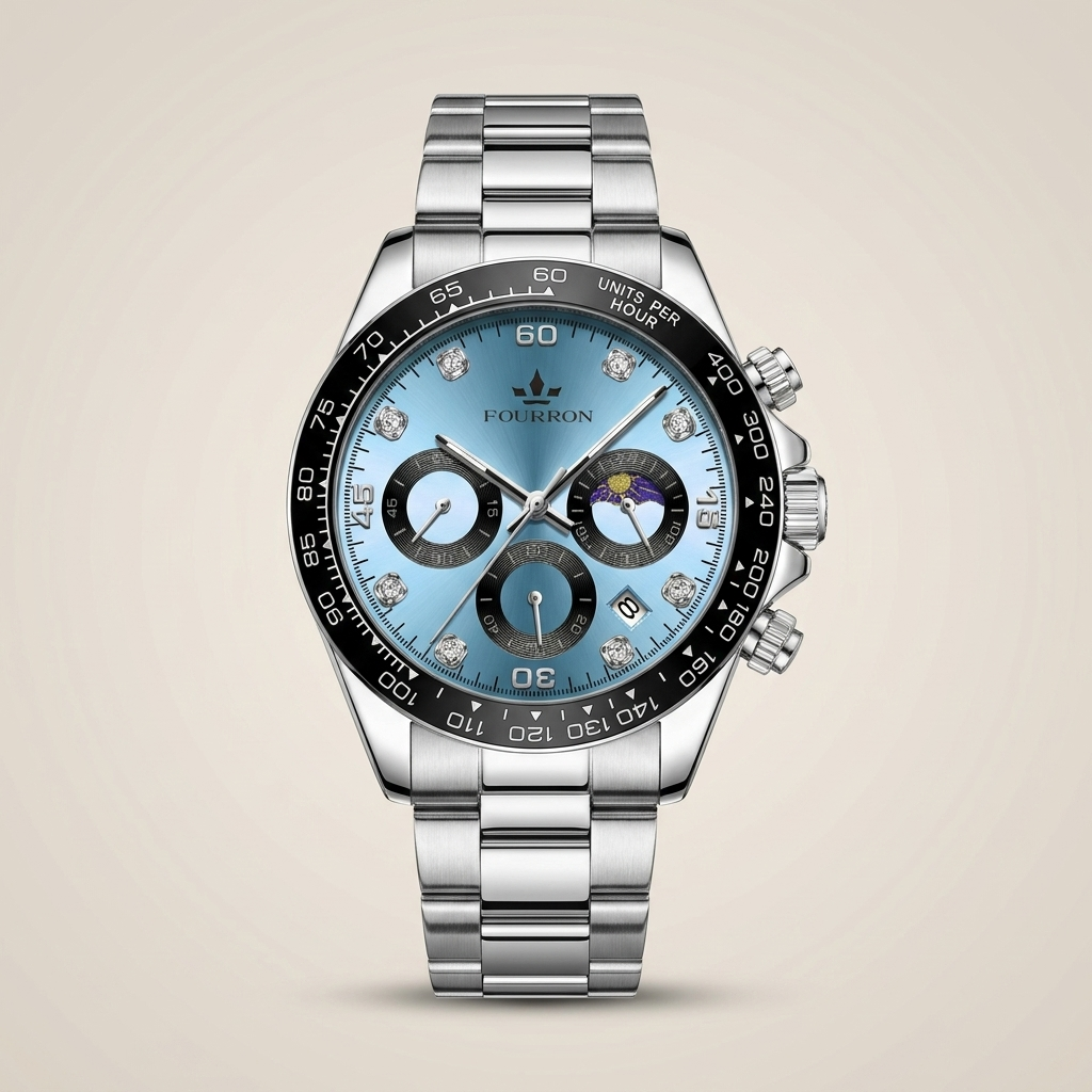 Black steel band stainless steel rectangular quartz calendar analog men’s watch top-down view showing rectangular dial and 10 meter water resistance